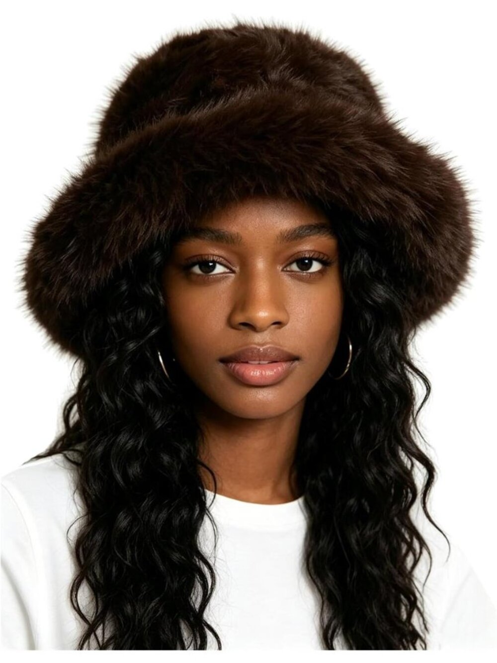 Oversized Winter Faux Fur Bucket Hat for Women - Long Pile Fur Wide